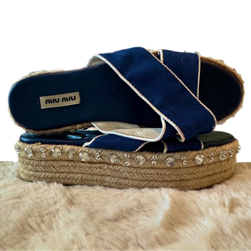 Miu Miu Denim Espadrille Slides Crystal Embelleshed